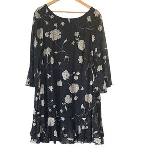 Jessica Howard Black floral textured knee length dress sheer overlay size 16